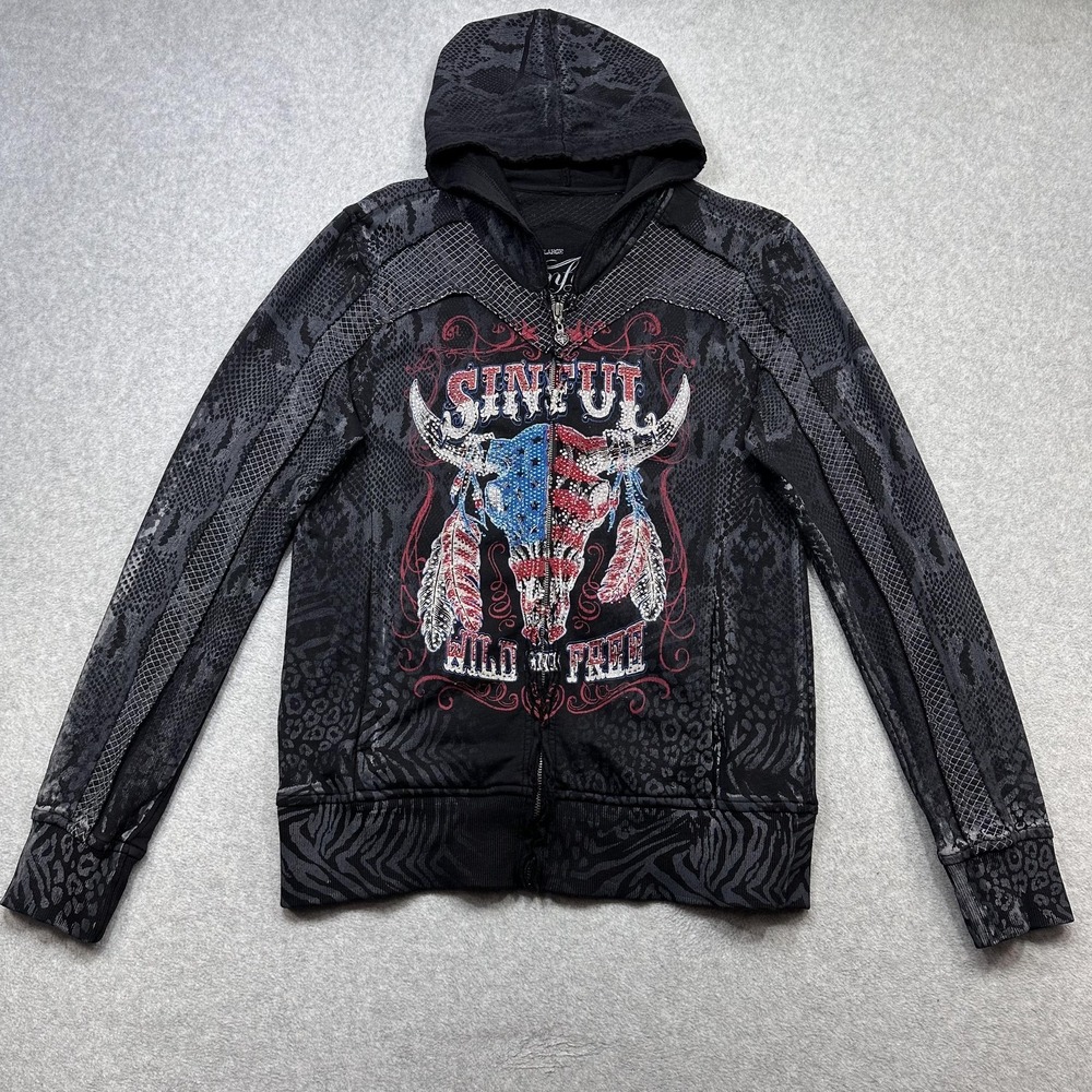 Sinful Affliction Hoodie Womens Large Black Wild Free Rhinestone Bull Grunge Zip